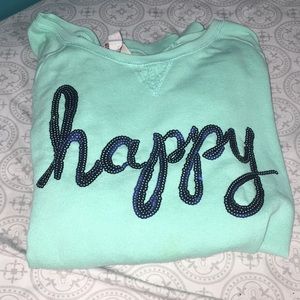 Teal “happy” sweater
